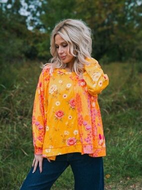 DAVI & DANI Mustard Yellow Floral Patchwork Long-Sleeve Top